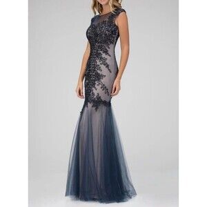 GLS By Navy Embellished Beaded Sequined Mermaid Gown Dress Size S Wedding $357
